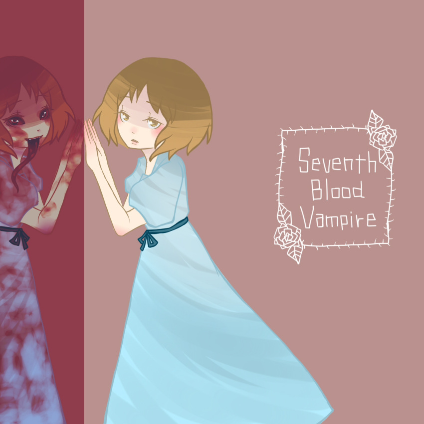 2girls blood blood_on_face bloody_clothes brown_eyes brown_hair different_reflection dress dual_persona fang hand_on_mirror highres long_tongue monster_girl multiple_girls red_sclera reflection seventh_blood_vampire short_puffy_sleeves takegushi_arui tongue