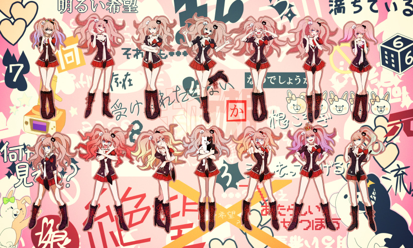 6+girls blue_eyes blush boots bow breasts cleavage clone crossed_arms crown crying dangan_ronpa drooling enoshima_junko glasses hair_ornament hands_on_hips highres kogecha long_hair monokuma monomi_(dangan_ronpa) multiple_girls mushroom nail_polish necktie pink_hair pointing sad school_uniform skirt sleeves_rolled_up smile spoilers tongue tongue_out twintails