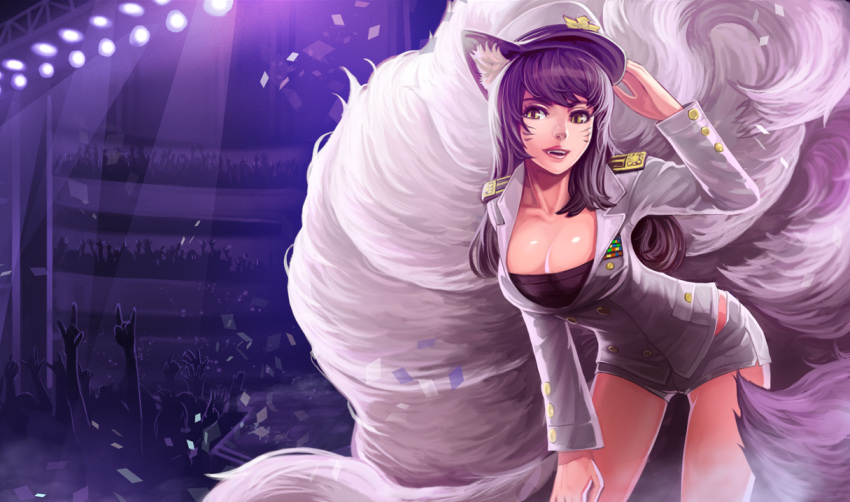 1girl ahri alternate_costume animal_ears audience breasts brown_eyes cleavage fang fox_ears fox_tail goomrrat hat jacket league_of_legends long_hair long_sleeves multiple_tails open_mouth purple_hair shorts smile solo stage stage_lights tail