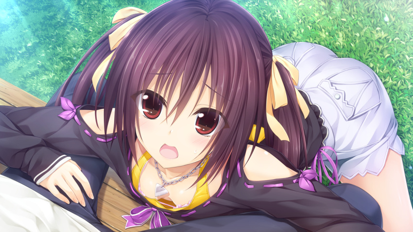 1girl asagiri_sakura bench black_hair casual chain chain_necklace down_blouse game_cg grass hair_ribbon jewelry necklace open_mouth oryou pov pretty_x_cation red_eyes ribbon ribbon-trimmed_clothes ribbon_trim solo_focus twintails