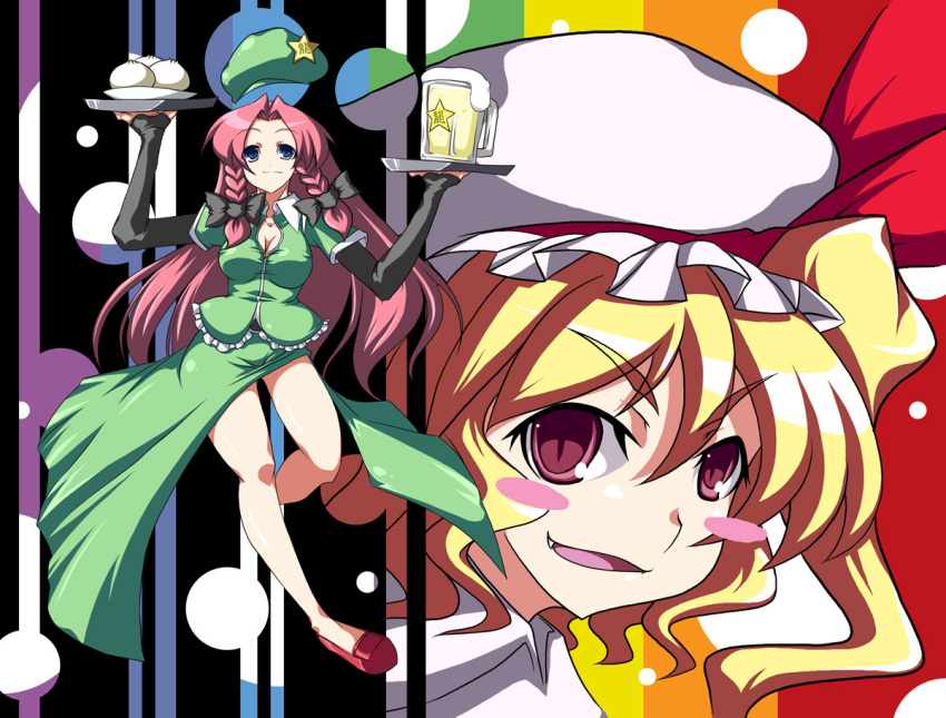 blue_eyes braid china_dress chinadress chinese_clothes flandre_scarlet hat hong_meiling kotepo long_hair ponytail red_eyes red_hair redhead short_hair side_ponytail touhou twin_braids