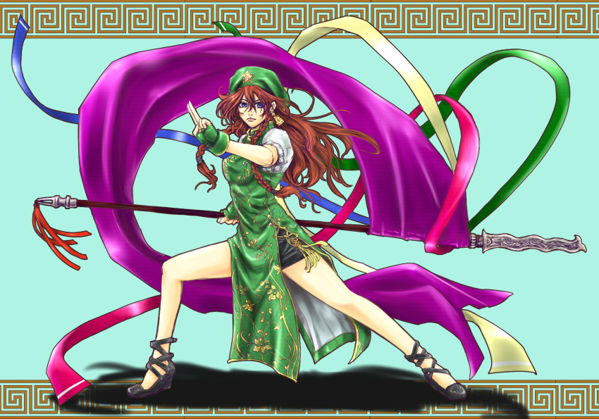blue_eyes braid china_dress chinadress chinese_clothes hat highres hong_meiling ledjoker07 long_hair polearm red_hair redhead solo touhou twin_braids weapon