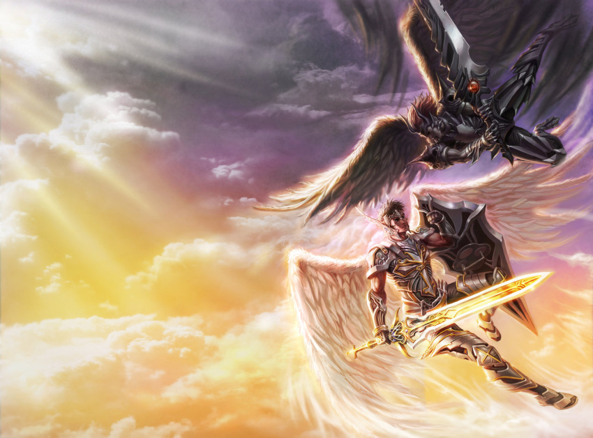 angel_wings archangel armor black_armor brown_hair character_request chrisnfy85 cloud clouds red_hair redhead shield source_request spikes sword weapon white_armor wings
