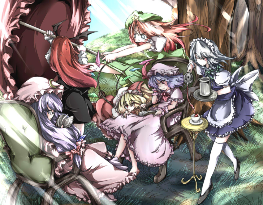 blonde_hair blue_eyes book braid china_dress chinadress chinese_clothes decantering flandre_scarlet hat head_wings headwings hong_meiling izayoi_sakuya koakuma long_hair maid nishimura_nike patchouli_knowledge ponytail pouring purple_eyes purple_hair red_eyes red_hair redhead remilia_scarlet short_hair side_ponytail silver_hair the_embodiment_of_scarlet_devil thighhighs touhou twin_braids violet_eyes wind wings