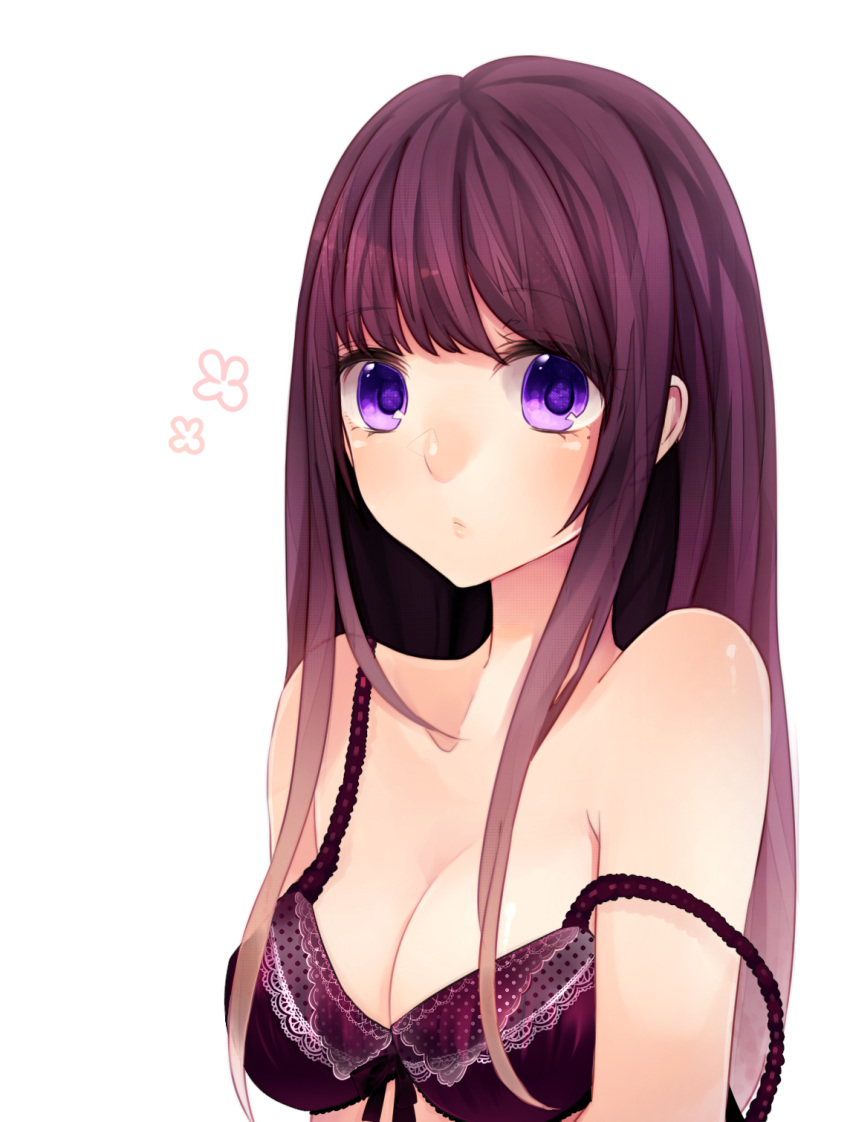 bra breasts bust cleavage highres long_hair original purple_hair strap_slip underwear violet_eyes wakatsuki_you