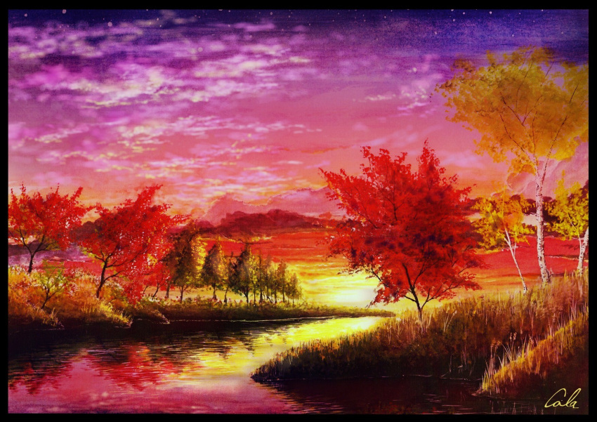 autumn autumn_leaves cloud cola_(gotouryouta) cola_(pixiv810305) grass highres landscape no_humans original reflection river scenery signature sky sunset traditional_media tree watercolor_(medium)