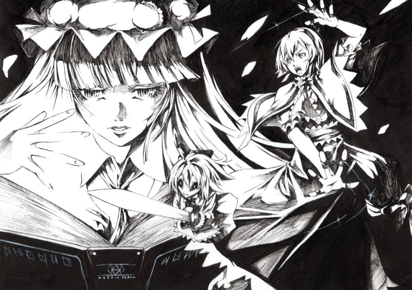 alice_margatroid apron artist_request book bow crescent crescent_moon dark doll dress hair_bow hairband hat kisita_abara long_hair magic monochrome moon multiple_girls necktie open_mouth patchouli_knowledge shanghai shanghai_doll short_hair sword touhou traditional_media weapon