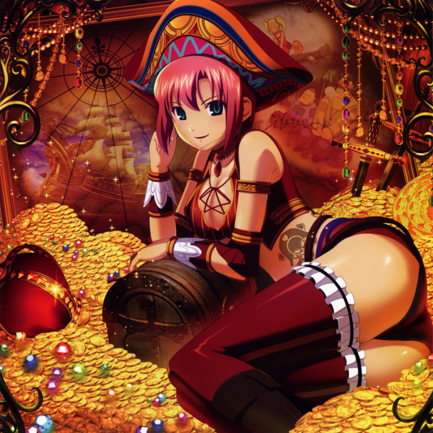 ass bare_shoulders belt breasts choker cleavage coin crown female gem gold green_eyes hat highres jewelry jewels koutaro large_breasts legs long_legs lying midriff money pink_hair pirate pirate_hat rio_rollins short_hair shorts skull_and_crossbones smile solo super_blackjack tattoo thigh-highs thighhighs thighs treasure_chest