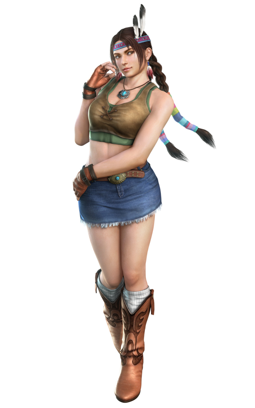 1girl 3d bare_arms belt blue_skirt boots braid brown_eyes brown_footwear brown_hair cg closed_mouth crop_top denim denim_skirt earrings feathers fingerless_gloves full_body gloves hairband headband julia_chang kneehighs lips long_hair looking_to_the_side miniskirt namco native_american native_american_headdress necklace official_art simple_background skirt sleeveless solo standing transparent_background twin_braids