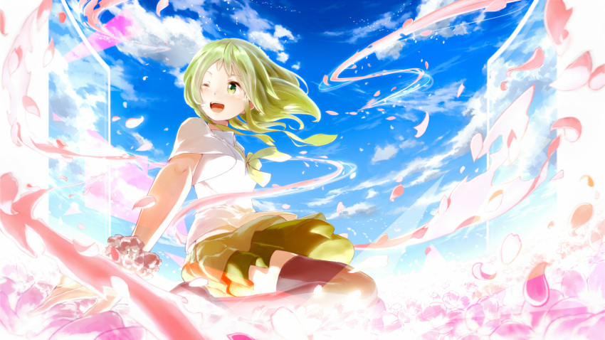 1girl :d clouds flower green_eyes green_hair gumi highres minamito one_eye_closed open_mouth petals short_hair skirt sky smile thigh-highs vocaloid wink zettai_ryouiki