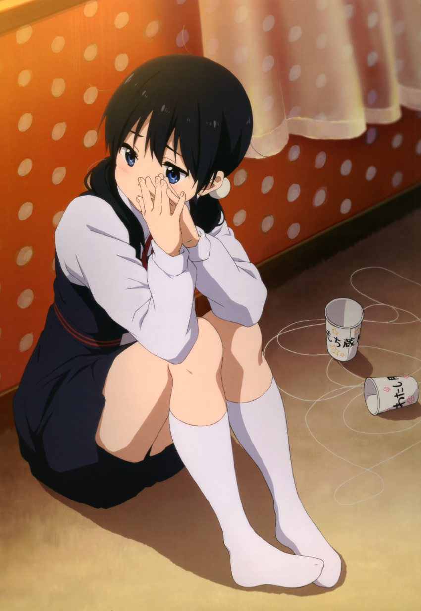 1girl absurdres black_hair blue_eyes fingers_together highres kitashirakawa_tamako legs no_shoes nyantype official_art phone school_uniform socks solo string_phone tamako_market twintails