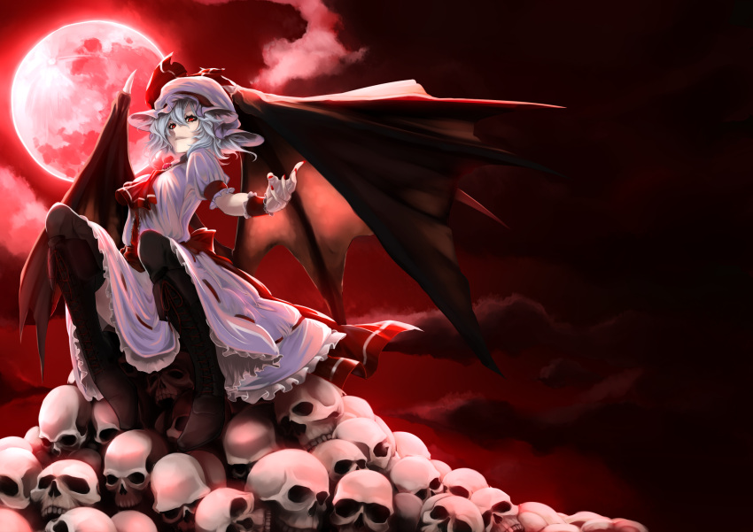 1girl ascot bat_wings black_legwear blue_hair boots clouds cross-laced_footwear dress frilled_dress frills from_below hat hat_ribbon highres large_wings looking_at_viewer looking_down mob_cap moon outstretched_arm pile_of_skulls red_eyes red_moon red_sky remilia_scarlet ribbon short_hair shukusuri simple_background sitting skull sky solo thigh-highs touhou wings wristband