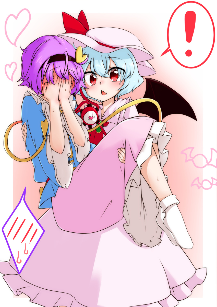 ! bat bat_wings blue_clothes carrying commentary_request covering_face dress embarrassed hairband hat hat_ribbon heart heart-shaped_pupils highres kameyan komeiji_satori lavender_hair long_dress looking_at_another multiple_girls no_shoes pink_background pink_dress pink_skirt princess_carry puffy_short_sleeves puffy_sleeves purple_hair red_eyes remilia_scarlet ribbon short_hair short_sleeves skirt skirt_set slit_pupils socks symbol-shaped_pupils third_eye touhou wide_sleeves wings