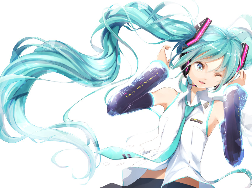 1girl aqua_eyes aqua_hair detached_sleeves hands_on_headphones hatsune_miku headphones headset highres long_hair minamito necktie one_eye_closed solo twintails very_long_hair vocaloid white_background wink