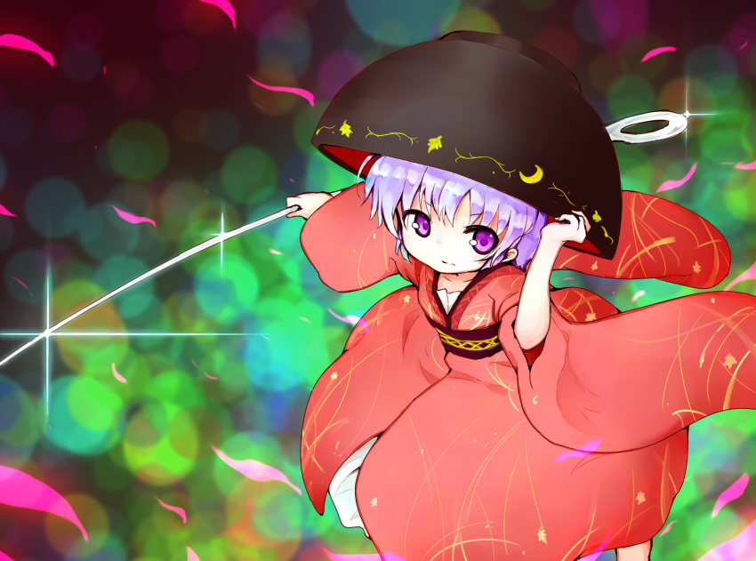 &gt;:( 1girl bowl bowl_hat frown hand_on_headwear hat highres holding japanese_clothes kankokoa kimono looking_at_viewer needle petals purple_hair shiny short_hair simple_background solo sukuna_shinmyoumaru touhou violet_eyes
