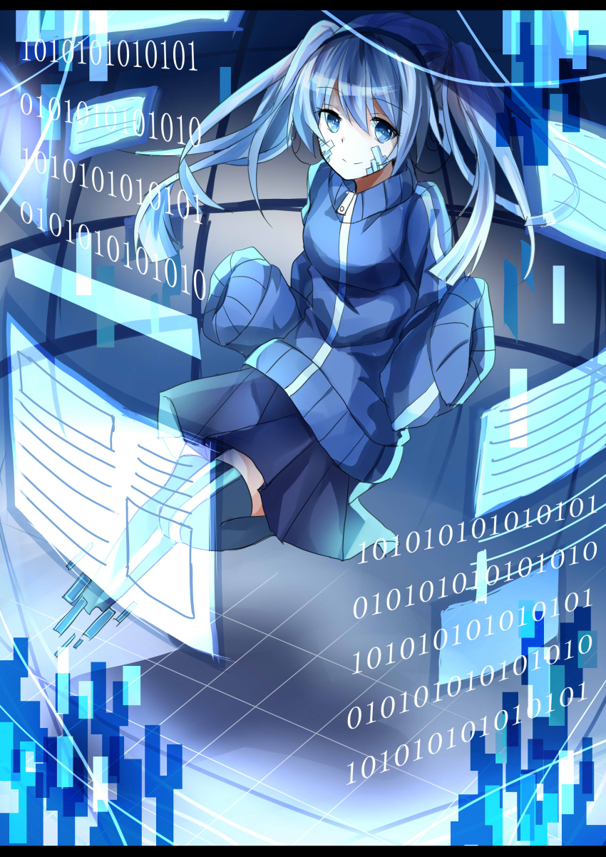 absurdres binary blue blue_eyes blue_hair boots cable ene_(kagerou_project) floating gevjon grid headphones highres holographic_monitor kagerou_project letterboxed sleeves_past_wrists smile thigh-highs thigh_boots track_jacket twintails