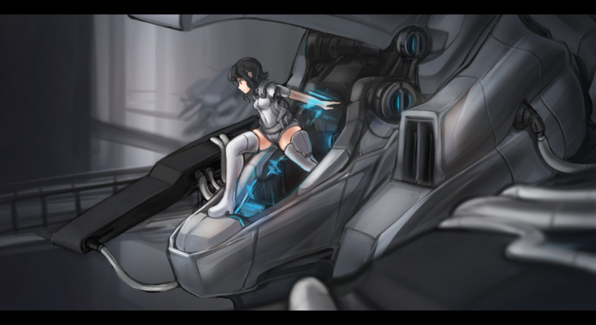 1girl arceonn black_hair boots cockpit hangar letterboxed mecha original pilot_suit red_eyes short_hair small_breasts solo thigh-highs thigh_boots unitard
