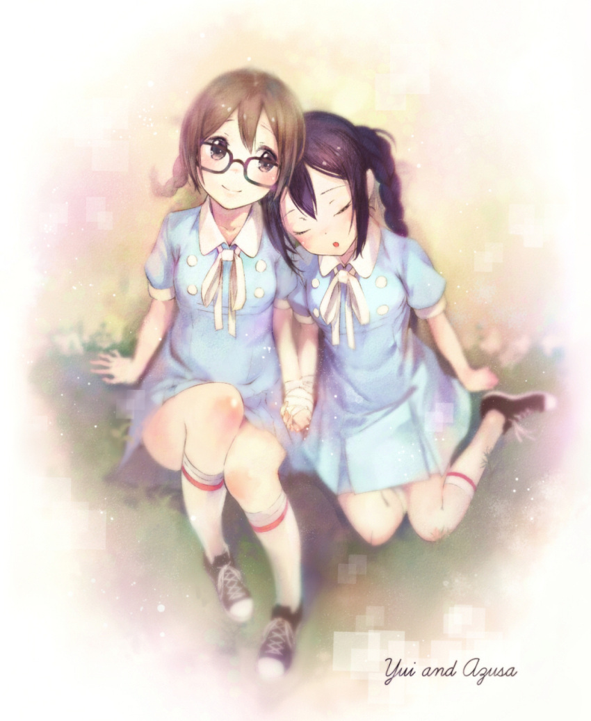 2girls :o alternate_hairstyle black_hair braid brown_eyes brown_hair character_name closed_eyes dress glasses highres hirasawa_yui k-on! k-on!_movie kneehighs long_hair multiple_girls nakano_azusa shoes short_hair shouin singing! sleeping sneakers twin_braids