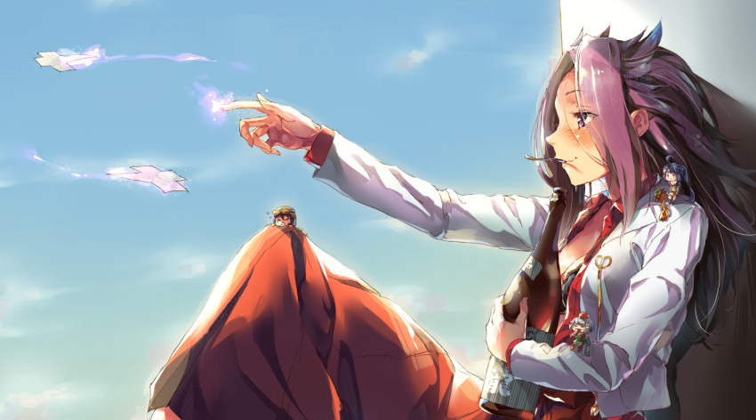 1girl aida_takanobu bottle clouds fairy_(kantai_collection) jun'you_(kantai_collection) kantai_collection long_hair long_sleeves multiple_girls outstretched_arm personification pleated_skirt purple_hair sake_bottle skirt sky solo violet_eyes