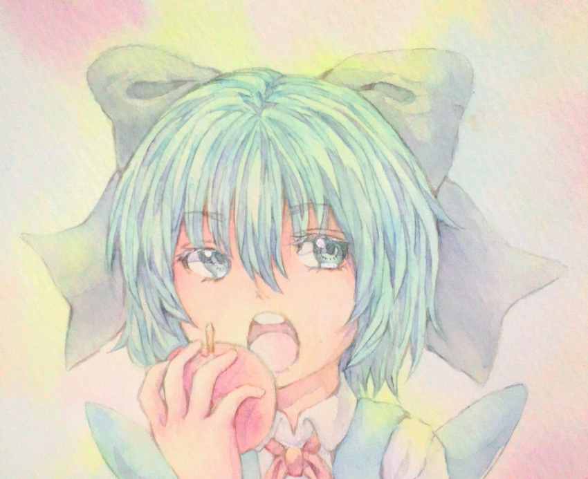 1girl acrylic_paint_(medium) apple averted_eyes blue_eyes blue_hair bow bust cirno eating food fruit gradient gradient_background graphite_(medium) hair_bow highres looking_at_viewer open_mouth ribbon short_hair solo touhou traditional_media watercolor_(medium) wings yuyu_(00365676)