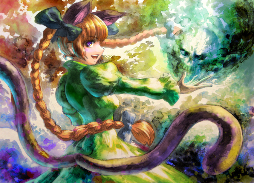 1girl animal_ears bangs black_bow blush bow braid breasts cat_ears cat_tail dress from_behind gibagiba gradient gradient_background green_dress hair_bow kaenbyou_rin long_hair long_sleeves looking_at_viewer multiple_tails open_mouth outstretched_arm puffy_long_sleeves puffy_sleeves redhead skull smoke solo tail touhou twin_braids