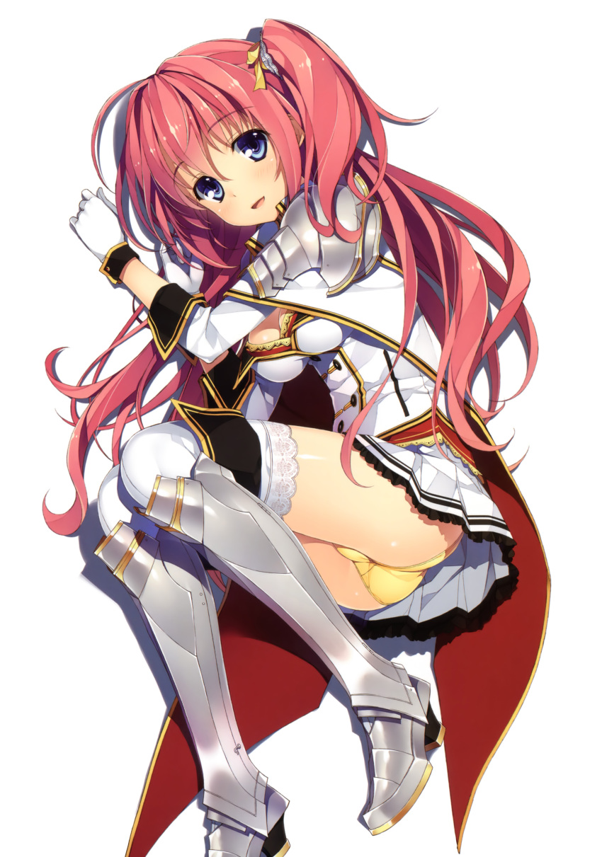 1girl absurdres ahoge armor armored_boots blue_eyes boots breasts cape cleavage fujikura_miyabi gloves greaves highres juukishi_cutie_bullet lace lace-trimmed_thighhighs long_hair lying on_stomach one_side_up panties pink_hair simple_background smile solo spaulders thigh_boots thighhighs underwear uniform white_background white_gloves white_legwear yellow_panties yuuki_hagure