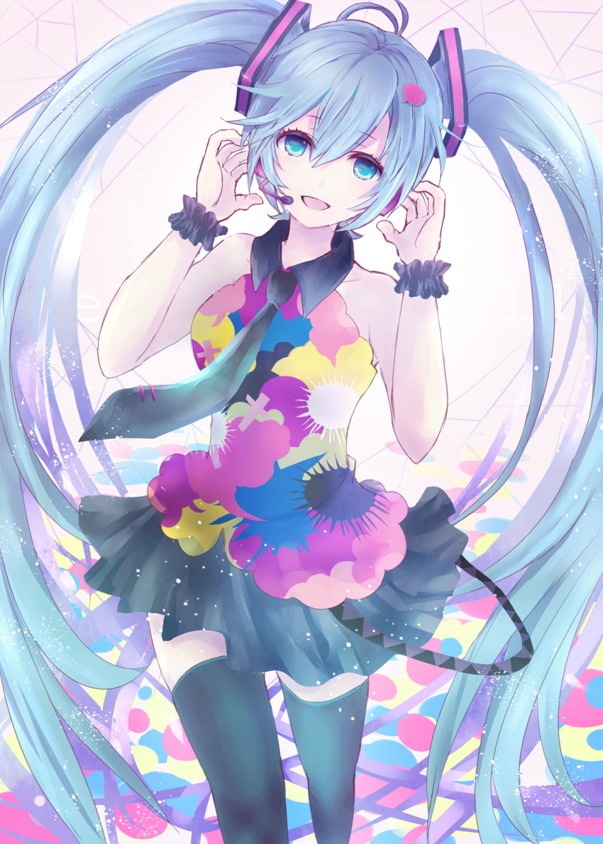 1girl ahoge alicetype blue_eyes blue_hair hands_on_headphones hatsune_miku headphones headset highres long_hair necktie skirt solo tell_your_world_(vocaloid) thighhighs twintails very_long_hair vocaloid