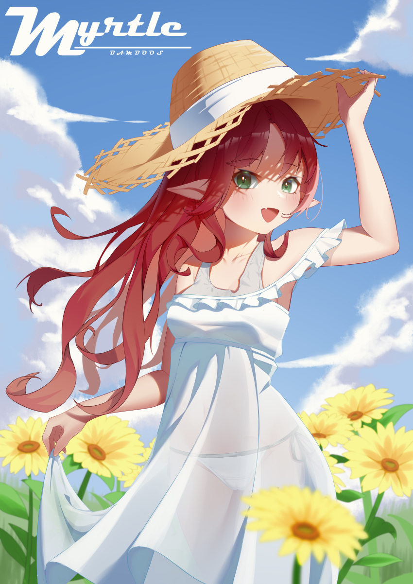 1girl :d absurdres alternate_costume arknights arm_up bangs bare_shoulders bikini bikini_under_clothes blue_sky blush breasts character_name chinese_commentary collarbone commentary_request cowboy_shot day dress eyebrows_visible_through_hair fang flower frilled_dress frills green_eyes hand_on_headwear hat highres liu_zhu long_hair myrtle_(arknights) off-shoulder_dress off_shoulder open_mouth outdoors pointy_ears redhead see-through side-tie_bikini skin_fang sky small_breasts smile solo straw_hat swimsuit very_long_hair white_bikini white_dress yellow_flower yellow_headwear