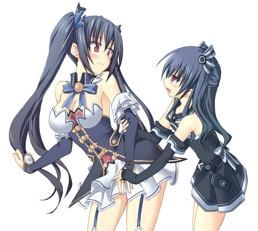 2girls :d arm_grab bare_shoulders belt black_gloves black_hair blue_ribbon blush breasts bridal_gauntlets choujigen_game_neptune choujigen_game_neptune_mk2 cleavage compile_heart cowboy_shot detached_collar dress elbow_gloves garter_straps gloves gust hair_ribbon idea_factory long_hair looking_at_another minagi multiple_girls neck_ribbon nippon_ichi noire open_mouth profile red_eyes ribbon sega siblings simple_background sisters smile standing twintails uni_(choujigen_game_neptune) very_long_hair white_background