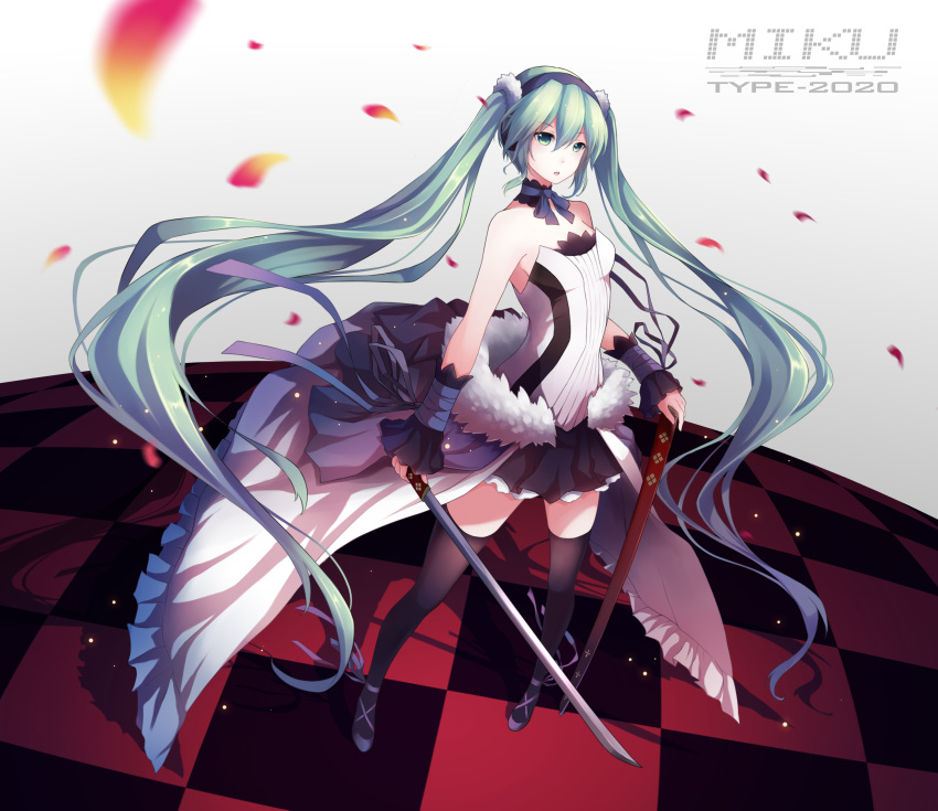 1girl 7th_dragon 7th_dragon_2020 absurdly_long_hair absurdres bare_shoulders character_name checkered checkered_floor copyright_name full_body fur_trim green_eyes green_hair hatsune_miku headphones highres holding katana long_hair looking_at_viewer neck_ribbon ng_(chaoschyan) petals pleated_skirt ribbon sheath shoes skirt solo standing sword thigh-highs twintails very_long_hair vocaloid weapon