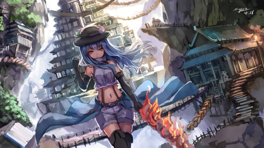 1girl alternate_costume black_gloves blue_hair bridge building city elbow_gloves food fruit gloves hanging_bridge hat highres hinanawi_tenshi looking_at_viewer midriff myero navel overskirt peach red_eyes shirt shorts signature solo stairs suspenders sword_of_hisou thigh-highs touhou wind