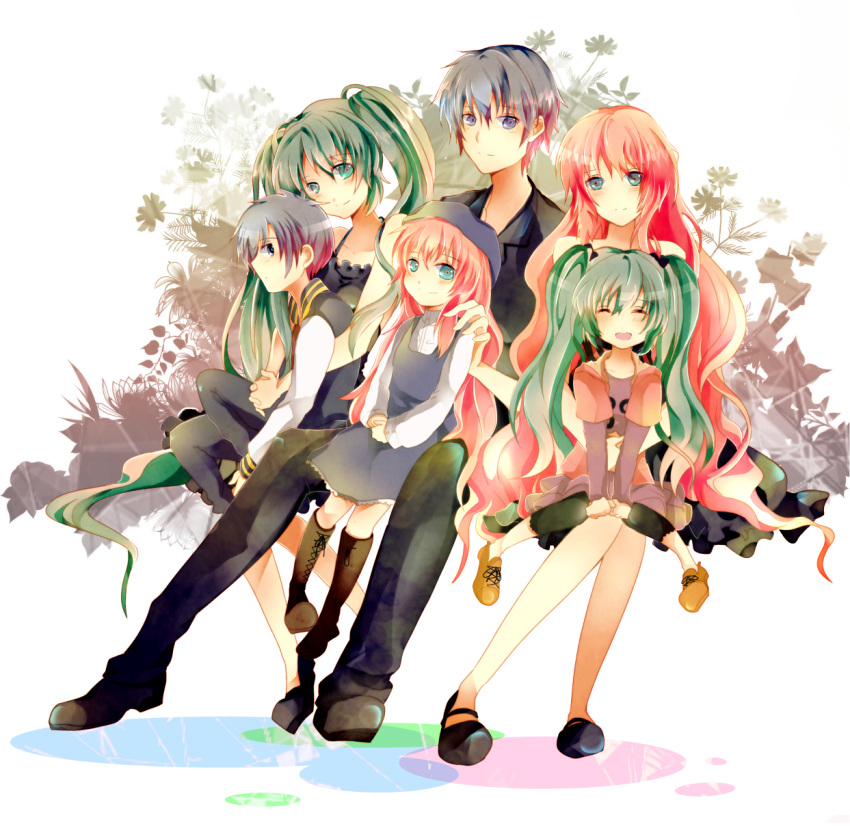 2boys 4girls acute_(vocaloid) blue_eyes blue_hair boots closed_eyes cross-laced_footwear dress green_eyes green_hair hatsune_miku highres kaito knee_boots lace-up_boots long_hair megurine_luka multiple_boys multiple_girls open_mouth redhead sitting smile twintails very_long_hair vocaloid yamada_runoka younger
