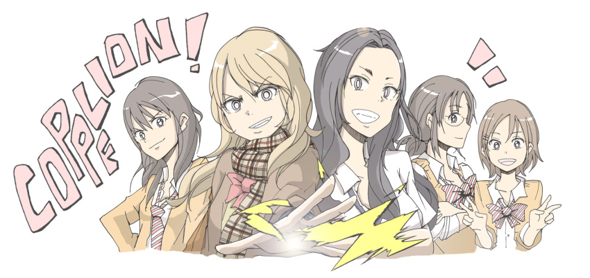 5girls black_hair blazer blonde_hair bowtie brown_hair cardigan coat coppelion copyright_name double_v electricity fukasaku_aoi glasses grin highres long_hair looking_at_viewer multiple_girls naruse_ibara necktie nomura_taeko ozu_kanon ozu_shion pale_color scarf school_uniform shigetoshisss short_ponytail siblings simple_background sisters smile striped striped_bowtie striped_necktie sweater_vest v