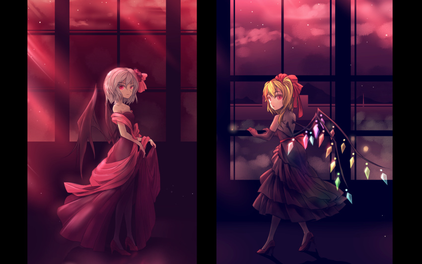 2girls adapted_costume bare_shoulders bat_wings blonde_hair blue_hair bustier dress elbow_gloves flandre_scarlet gloves glowing glowing_wings hair_ribbon highres layered_dress looking_at_viewer minust moonlight multiple_girls night night_sky open-back_dress open_mouth red_dress red_eyes red_ribbon red_shoes red_sky remilia_scarlet ribbon sash scarlet_devil_mansion shoes short_hair side_ponytail skirt_hold sky star_(sky) strapless_dress tagme touhou wings
