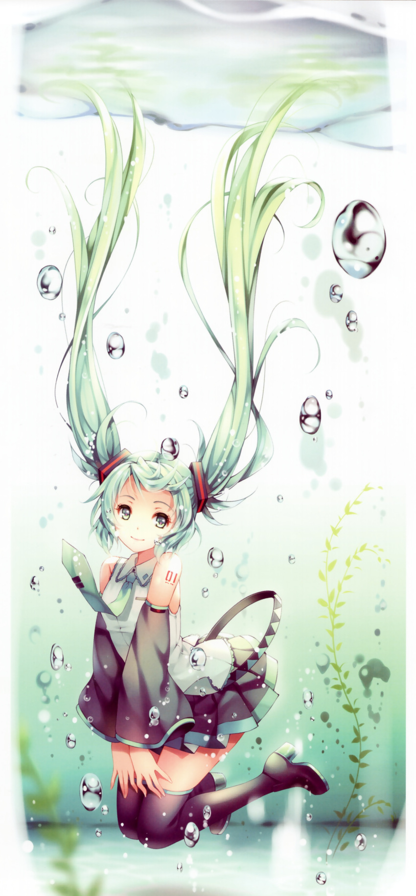 1girl absurdres boots bubble detached_sleeves green_eyes green_hair hatsune_miku high_heels highres long_sleeves scan shirt skirt smile solo thigh-highs thigh_boots tidsean twintails underwater vocaloid