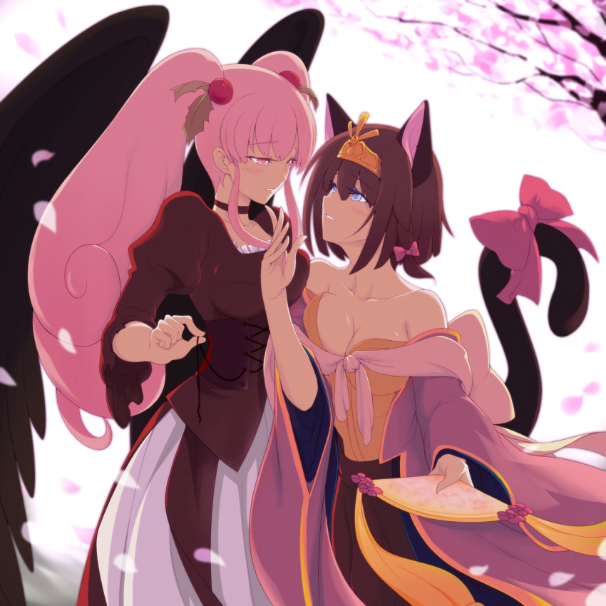 2girls animal_ears blue_eyes blush bow breasts brown_hair cat_ears cat_tail cherry_blossoms choker cleavage dress evil000000s eye_contact fan hair_ornament highres long_hair looking_at_another multiple_girls parted_lips pink_eyes pink_hair shikihime_zoushi smile tail tail_bow twintails untying wings yuri