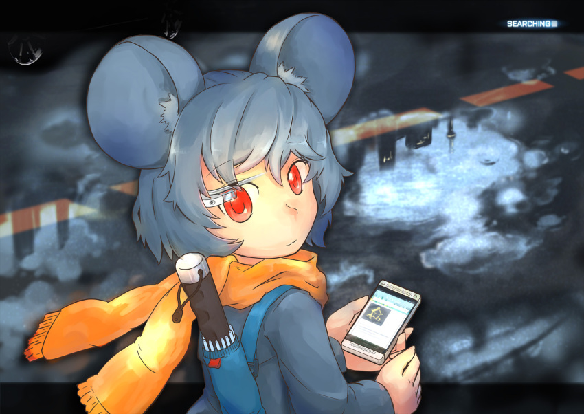 1girl :3 android_(os) animal_ears borisx cellphone closed_umbrella google google_glass grey_hair highres htc_corporation mouse_ears nazrin phone red_eyes scarf short_hair solo touhou umbrella