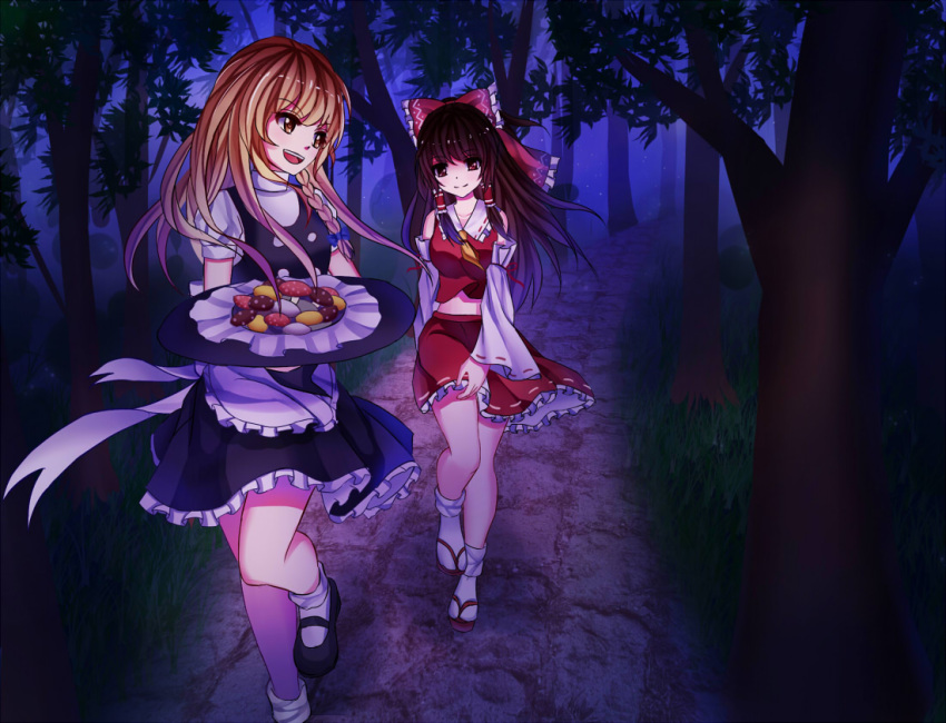 2girls apron ascot black_shoes black_skirt blonde_hair bow braid brown_hair detached_sleeves dress forest hair_bow hair_tubes hakurei_reimu hat hat_removed headwear_removed holding holding_hat kirisame_marisa long_hair looking_back mary_janes meng_xiao_jiong multiple_girls mushroom nature night nontraditional_miko open_mouth path payot puffy_short_sleeves puffy_sleeves red_bow red_eyes red_ribbon ribbon road sandals shoes short_sleeves side_braid skirt smile socks touhou vest waist_apron walking witch_hat yellow_eyes