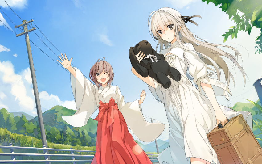 2girls ;d amatsume_akira blue_sky brown_hair clenched_hand dress dutch_angle grey_eyes hakama highres hill holding japanese_clothes kasugano_sora long_hair long_sleeves miko miz multiple_girls one_eye_closed open_mouth outdoors outstretched_hand power_lines short_hair sky smile stuffed_animal stuffed_bunny stuffed_toy suitcase sundress telephone_pole wallpaper white_dress white_hair wide_sleeves yosuga_no_sora