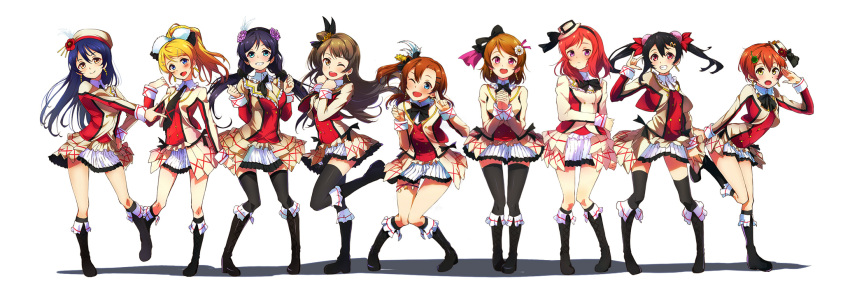 6+girls ;d ayase_eli black_hair blonde_hair blue_eyes brown_eyes brown_hair highres hoshizora_rin koizumi_hanayo kousaka_honoka long_hair love_live!_school_idol_project merumayu minami_kotori multiple_girls nishikino_maki one_eye_closed open_mouth orange_hair red_eyes redhead short_hair side_ponytail smile sonoda_umi thighhighs toujou_nozomi wink yazawa_nico yellow_eyes