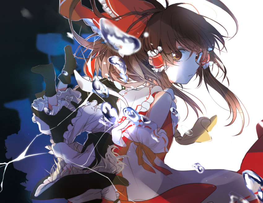 2girls bare_shoulders blonde_hair bow braid brown_eyes brown_hair bubble crack detached_sleeves hair_bow hair_tubes hakurei_reimu hat hat_bow kirisame_marisa multiple_girls poprication reversed side_braid straddling touhou witch_hat