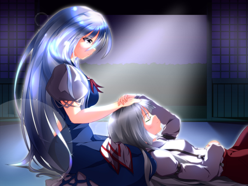 2girls arm_rest armband backlighting blue_hair breasts commentary_request dress forest fujiwara_no_mokou grey_eyes hand_on_another's_head hands_together indoors kamishirasawa_keine knee_up lens_flare light_smile long_hair long_sleeves looking_at_another lying lying_on_person moonbeam moonlight multiple_girls nature night no_hat on_back open_door pants profile ribbon short_puffy_sleeves silver_hair sitting sliding_doors sparkle stachz suspenders touhou very_long_hair wariza yuri