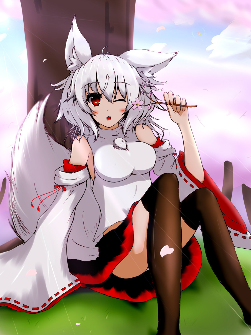 1girl :3 absurdres animal_ears bare_shoulders black_legwear blush breasts detached_sleeves fangs hat highres inubashiri_momiji kadgln large_breasts looking_at_viewer midriff one_eye_closed open_mouth panties pom_pom_(clothes) red_eyes shirt short_hair silver_hair sitting skirt tokin_hat touhou underwear white_shirt wink wolf_ears