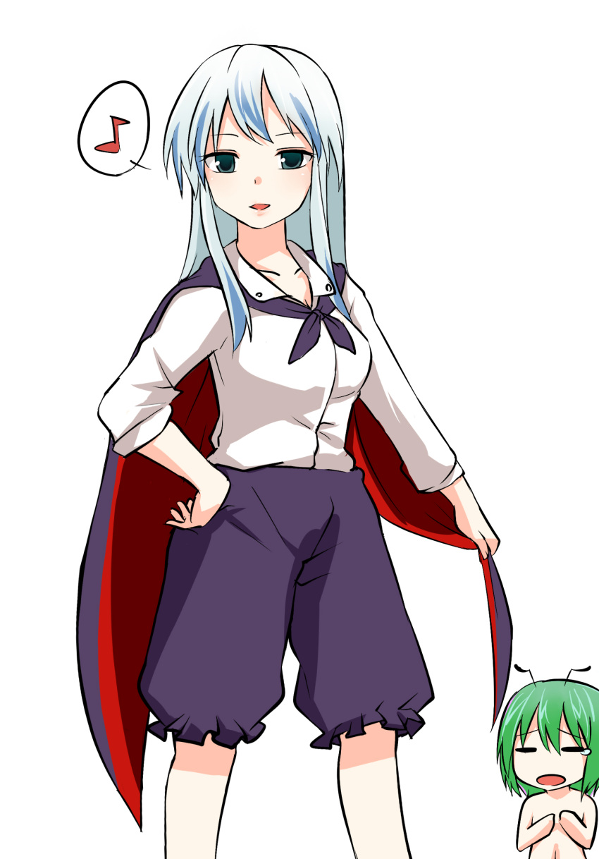 2girls =_= antennae blue_eyes cape cosplay covering covering_breasts green_hair hand_on_hip highres kamishirasawa_keine long_hair looking_at_viewer miyo_(ranthath) multiple_girls musical_note no_hat open_mouth short_hair smile spoken_musical_note tears touhou wriggle_nightbug wriggle_nightbug_(cosplay)
