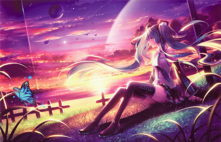 1girl absurdres bird blue_eyes blue_hair boots butterfly clouds detached_sleeves hatsune_miku headset highres horizon huge_filesize long_hair moon necktie ocean planet scan sitting skirt star_(sky) sunset thigh-highs thigh_boots tidsean tower twintails vocaloid zettai_ryouiki