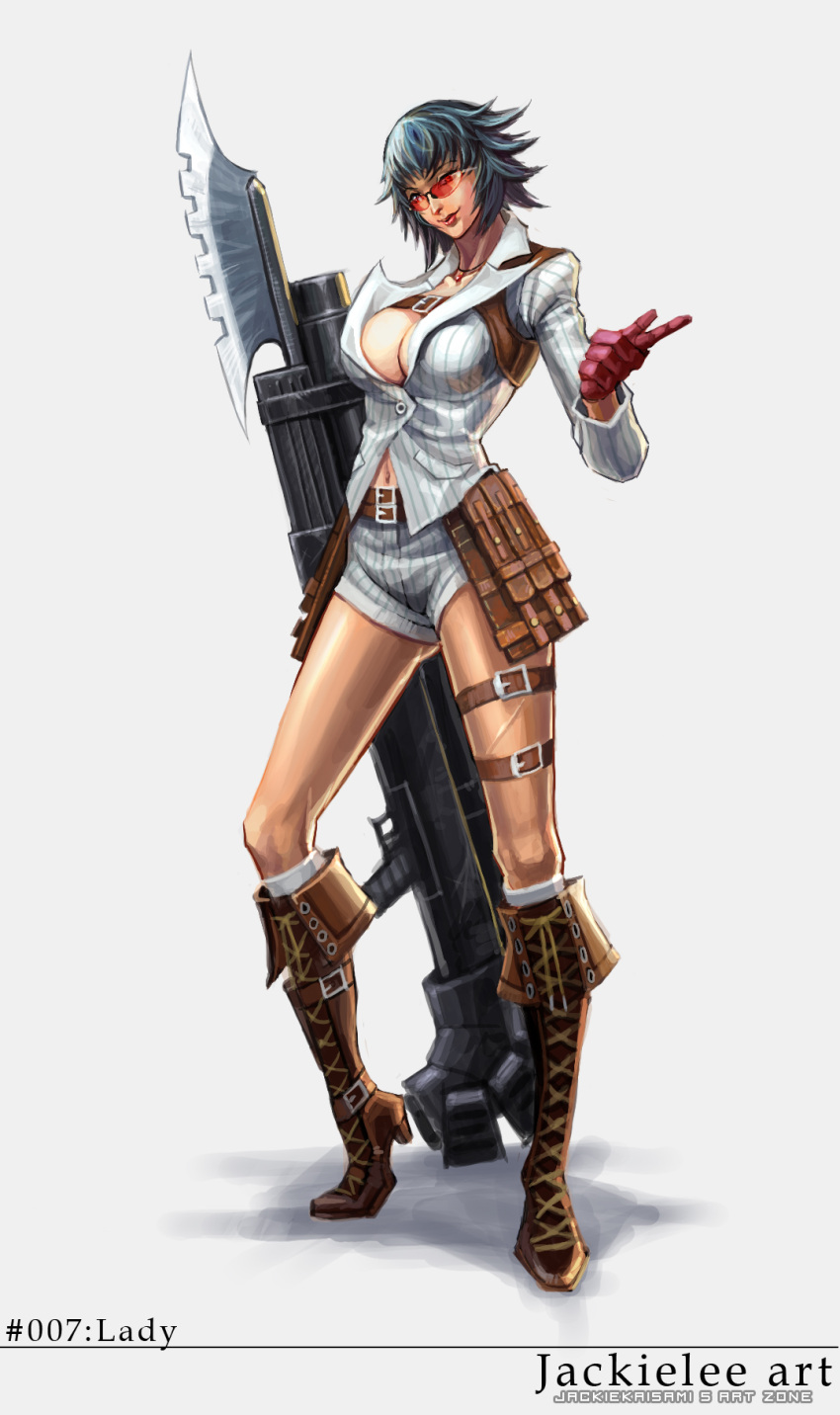 1girl bazooka black_hair boots breasts cleavage commentary cross-laced_footwear devil_may_cry devil_may_cry_4 eyewear_on_head gloves gun gunblade handgun heterochromia high_heel_boots high_heels highres huge_weapon jewelry knee_boots lace-up_boots lady_(devil_may_cry) lips navel no_bra pendant pottsu pouch red_eyes short_hair short_shorts shorts smile solo sunglasses thigh_strap weapon