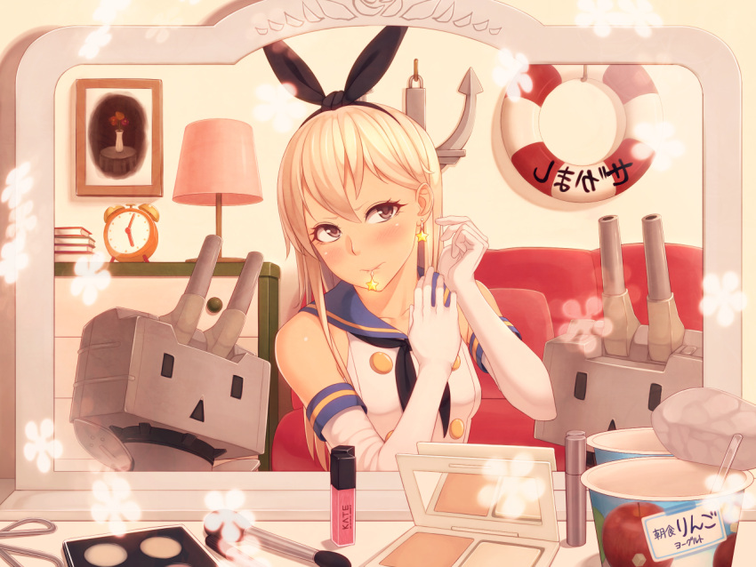 1girl anchor blonde_hair blush earrings elbow_gloves gloves hairband jewelry kantai_collection kedama_keito long_hair mirror mouth_hold personification rensouhou-chan shimakaze_(kantai_collection) solo white_gloves