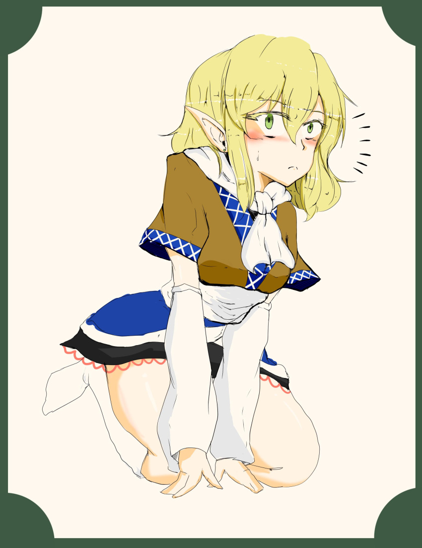 1girl :&lt; absurdres arm_support ascot black_skirt blonde_hair blush brown_clothes colored_eyelashes detached_sleeves green_eyes highres kneeling looking_at_viewer mizuhashi_parsee nose_blush pointy_ears seiza short_hair sitting skirt skirt_set socks solo touhou