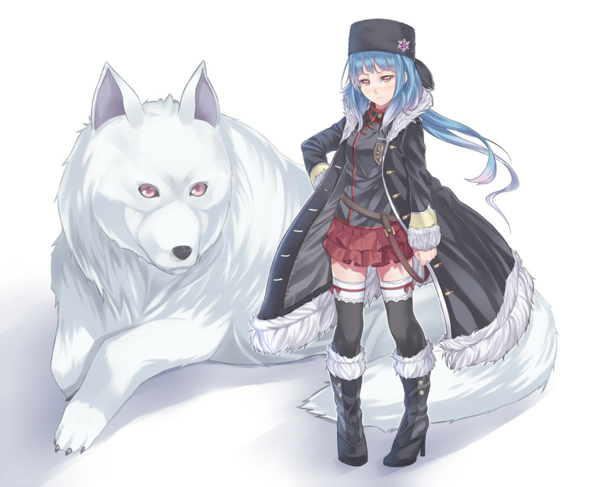 1girl bear blue_hair blush boots fur_hat fur_trim hat high_heel_boots high_heels knee_boots long_coat long_hair original pigeon-toed polar_bear ray-akila red_eyes skirt snowflakes thighhighs ushanka