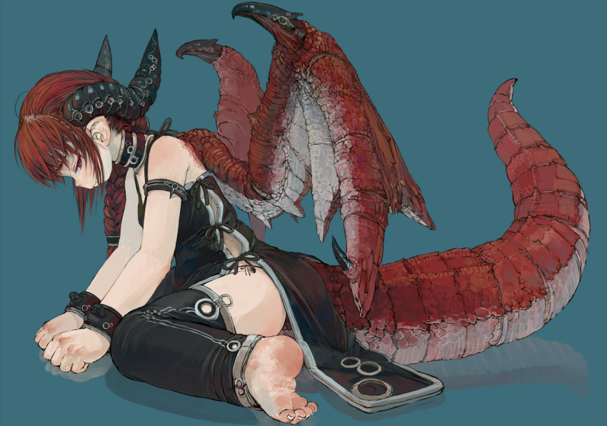 1girl armlet barefoot blue_background bow braid choker dragon_girl dragon_tail dragon_wings dress ebimomo feet frown halterneck horns leg_warmers long_hair looking_at_viewer original panties pointy_ears profile red_eyes redhead ribbon scales side-tie_panties side_braid sitting soles solo tail toes underwear wariza wings wrist_cuffs